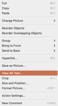 Mac için PowerPoint'teki bağlam menüsündeki Alternatif Metni Görüntüle seçeneği.