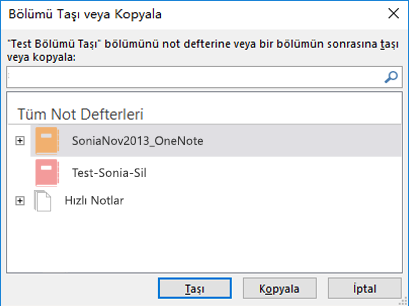 Windows 2016 için OneNote Taşı veya Kopyala Bölümü iletişimi