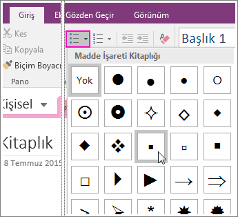 OneNote 2016’da bir sayfaya madde işaretleri ekleme işleminin ekran görüntüsü.