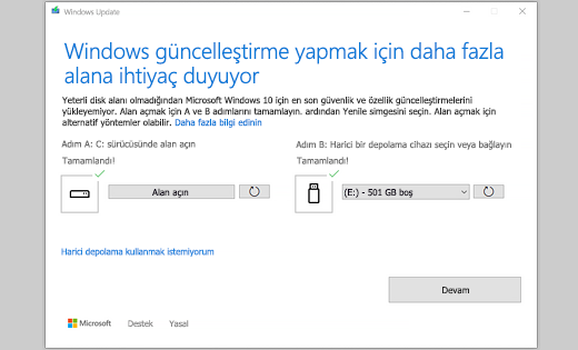 Windows'un güncelleştirilmesi için daha fazla alan gerekiyor iletisi