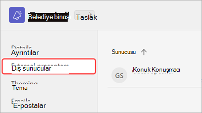 Genel toplantı zamanlama formunda Dış sunucular sekmesinin vurgulandığını gösteren ekran görüntüsü