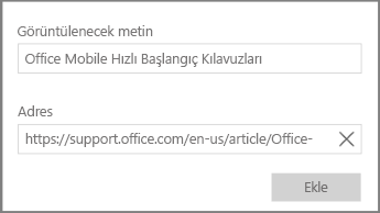 Windows 10 için OneNote’ta köprü metni bağlantısı eklemeye yönelik iletişim kutusunun ekran görüntüsü.