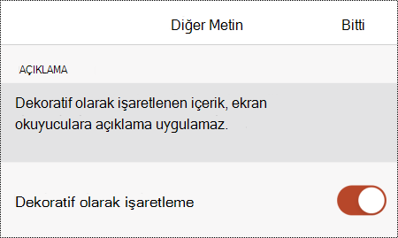 iOS için PowerPoint'te Alternatif Metin iletişim kutusunda Dekoratif olarak işaretle seçeneği belirlenmiştir.