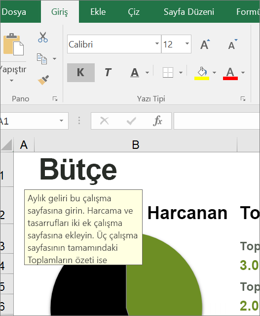 Yerleşik yönergeleri gösteren Excel kullanıcı arabiriminin ekran kırpması