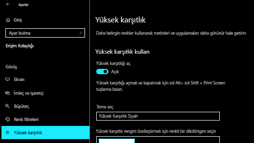 Windows 10 Ayarlar uygulamasında yüksek karşıtlık Windows 10 Ayarlar açın.