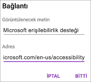 Android için OneNote'ta köprü ekle iletişim kutusu