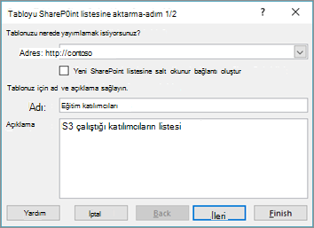 SharePoint'e aktar sihirbazı iletişim kutusu