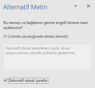 Dekoratif öğeler için Word Win32 Alternatif Metin bölmesi