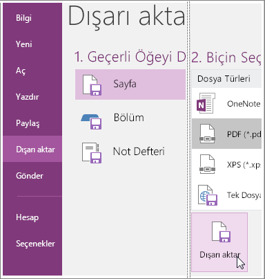 OneNote 2016’da notların nasıl dışa aktarıldığının ekran görüntüsü.