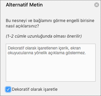 Mac için Word Alternatif Metin bölmesinde işaretli olan Dekoratif olarak işaretle onay kutusu.