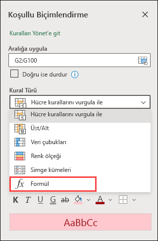 Formül Kuralı Seçin