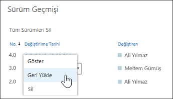 Seçilen bir belge sürümü için açılan menüden ‘Geri Yükle’yi seçin