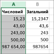 Зразок способу відображення чисел у різних форматах, таких як "Числовий" і "Загальний"