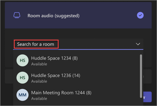 Знімок екрана: панель пошуку для параметра "Звук кімнати" на попередньому екрані наради Teams.