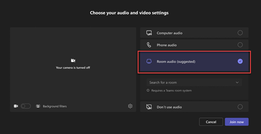 Вбудований екран Teams із параметром "Аудіо в кімнаті" (рекомендовано).