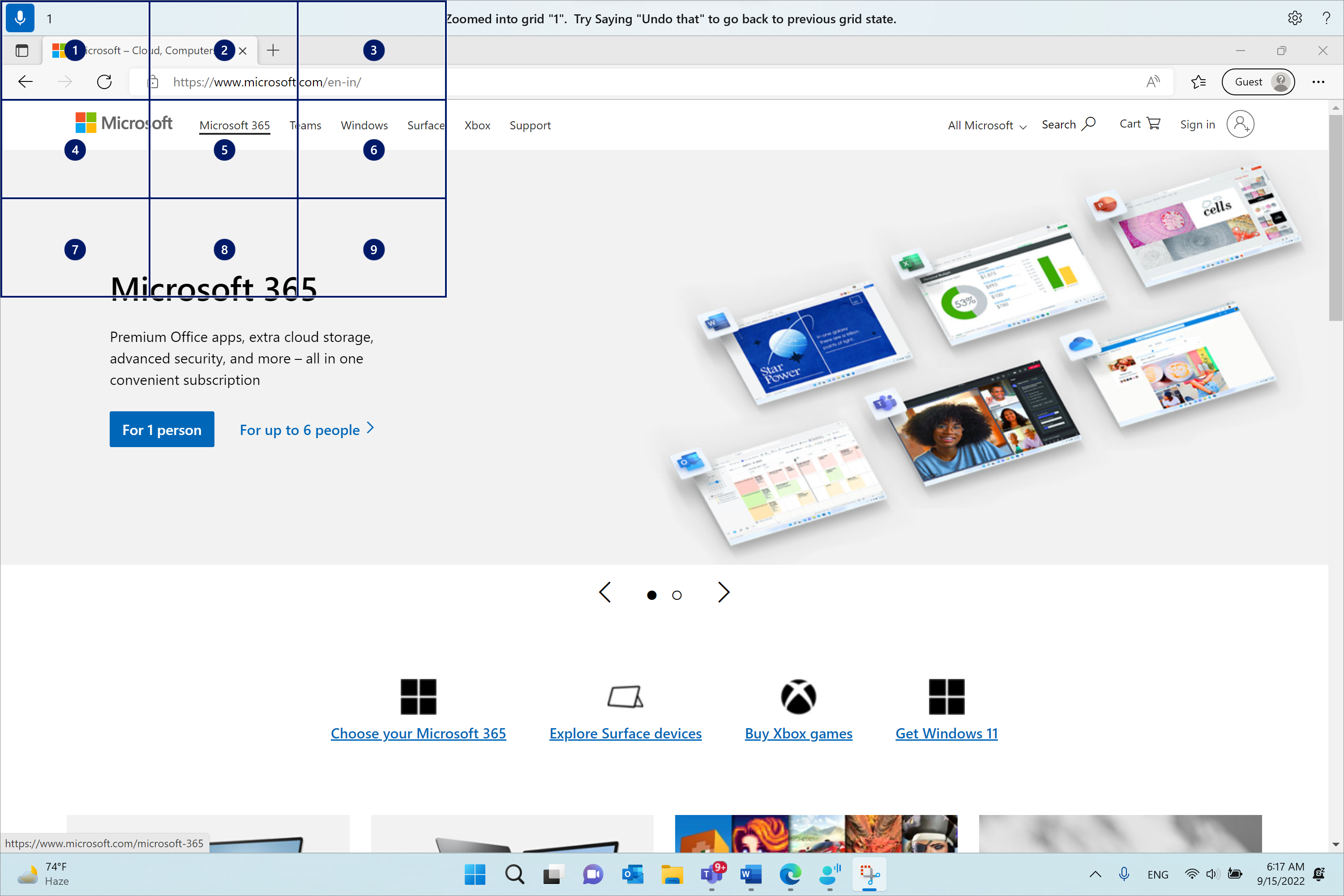 Microsoft Edge відкрито та розміщено на сторінці Microsoft.com. Панель голосового доступу розташовано зверху та в стані прослуховування. Випущено команду "1", а відобразиться відгук "Збільшено до сітки "1". Спробуйте сказати "undo that" (Скасувати це), щоб повернутися до попереднього стану сітки.