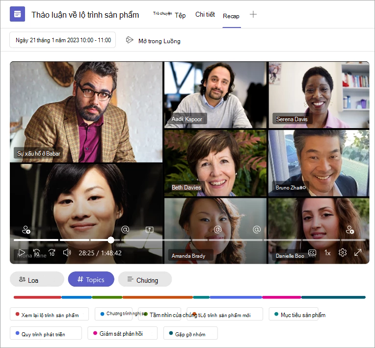 Ảnh chụp màn hình hiển thị các chủ đề được tô sáng trong cuộc họp recap