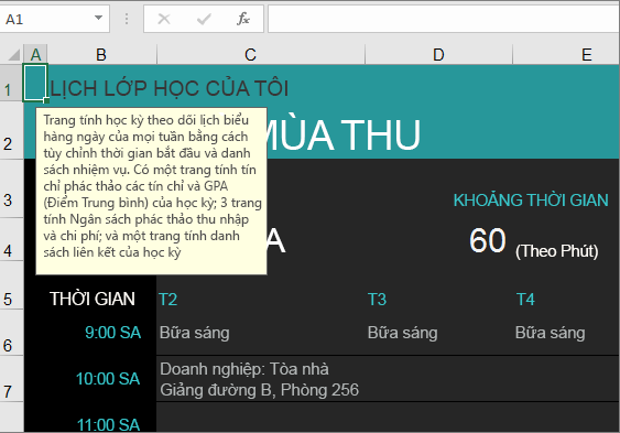 Mẫu Excel Trình quản lý Khóa học Đại học Mới có mô tả cho các yếu tố.