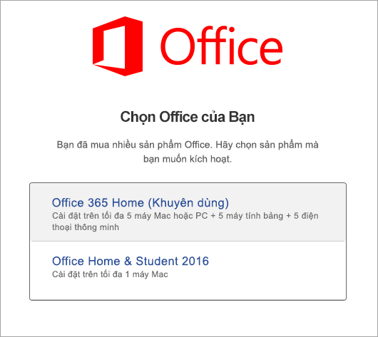 Chọn loại giấy phép Office 2016 for Mac