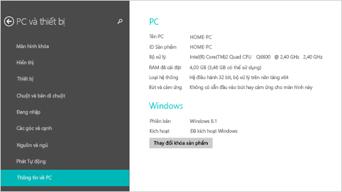 Trang thông tin PC trong cài đặt PC