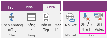 Ảnh chụp màn hình của menu Chèn với các nút AV trong OneNote 2016.