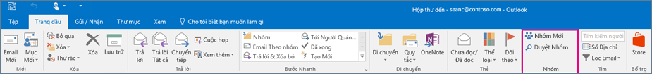 Các tùy chọn nhóm trên dải băng Outlook chính