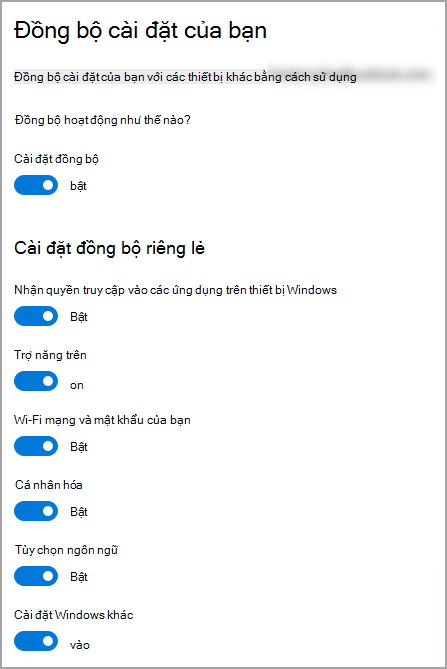 Đồng bộ cài đặt trong Windows 10 Đặt.