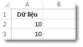 Dữ liệu trong các ô A2 và A3 trong một trang tính Excel