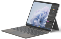 Ảnh chụp màn hình Surface Pro 10 for Business ở chế độ máy tính xách tay với Bàn phím Surface Pro có lưu trữ bút và Bút Surface Slim với màn hình hướng ra ngoài và Copilot và Windows trên màn hình.