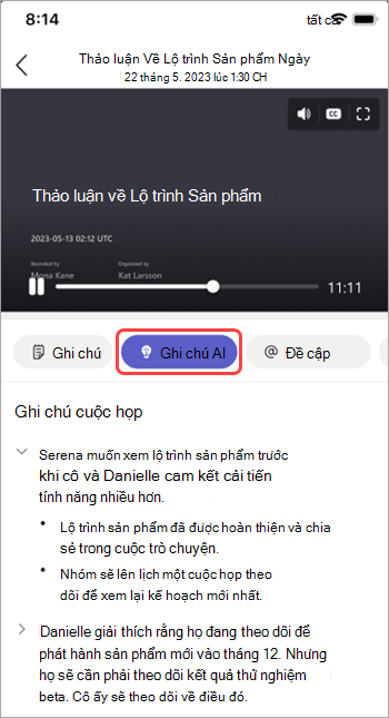 Xem các ghi chú do AI tạo trong tính năng ghi chú lại cuộc họp Teams.