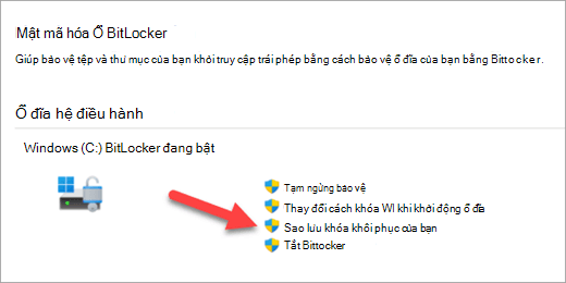 Ứng dụng Quản lý Mã hóa BitLocker với một mũi tên trỏ vào tùy chọn sao lưu khóa khôi phục BitLocker của bạn.