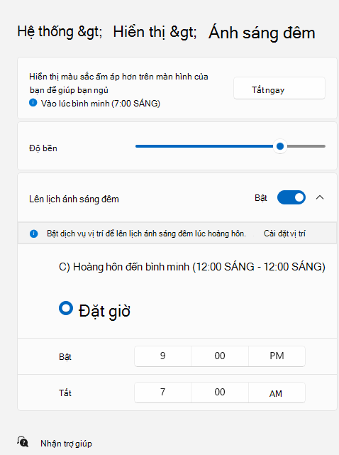 Hiển thị trang Ánh sáng đêm với nút bật tắt "Lên lịch ánh sáng đêm" và "Đặt giờ" được chọn bên dưới.