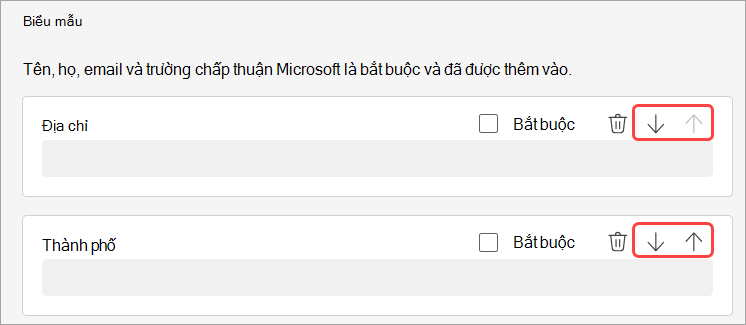 Ảnh chụp màn hình tô sáng cách sắp xếp lại các câu hỏi đăng ký cho hội thảo web.