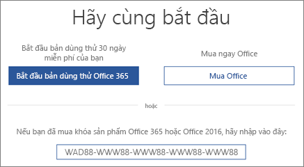 Hiển thị màn hình "Hãy bắt đầu", cho biết bản dùng thử Office 365 được tích hợp với thiết bị này