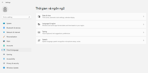 Menu thời gian và ngôn ngữ trong Windows 11.