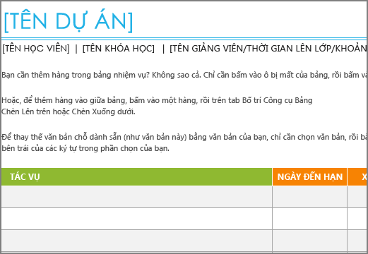 Mẫu danh sách nhiệm vụ Project cũ với phông chữ tối thiểu là 8,5 điểm.