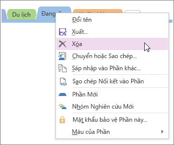 Ảnh chụp màn hình về cách xoá phần trong OneNote 2016.