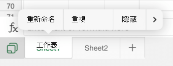 iOS 版 Excel 中的 [重新命名工作表] 選項。