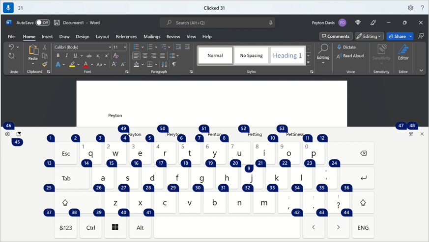 Windows 觸控式鍵盤已啟動，並顯示含有語音訪問號碼重疊的 Emoji 按鈕。