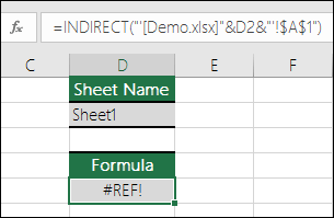 INDIRECT 參照已關閉的活頁簿而造成的 #REF! 錯誤範例。