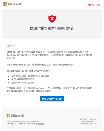 來自 Microsoft 的勒索軟體偵測電子郵件的螢幕快照