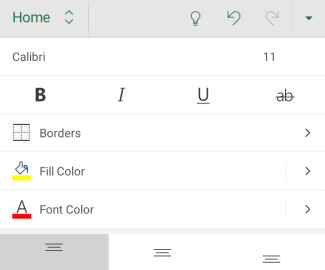 Android 版 Excel 中的字型格式設定選項。