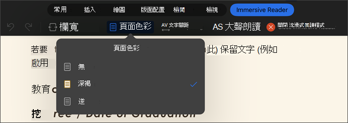 已選取頁面色彩的沈浸式閱讀程式螢幕擷取畫面，選項為無、復古、反轉