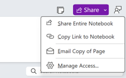 OneNote [共用] 選單包含四個可供使用者選擇的選項：
1. 共用整個筆記本
2. 複製筆記本的連結
3. Email 頁面複本
4. 管理存取權...