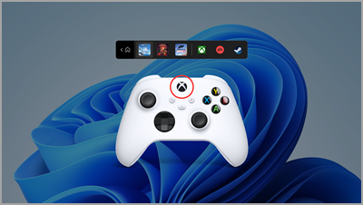 將 Nexus 按鈕圈起的 Xbox 控制器，顯示在已開啟控制器列的Windows 11桌面上方