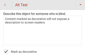 顯示 Android 版 PowerPoint 中已選取 [標示為裝飾] 複選框的 [替換文字] 對話框。