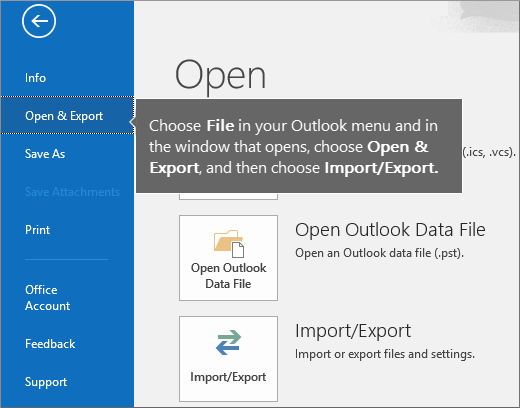 若要建立您的 Outlook .pst 檔案，請依序選擇 [檔案]、[開啟和匯出]，然後選擇 [匯入/匯出]。