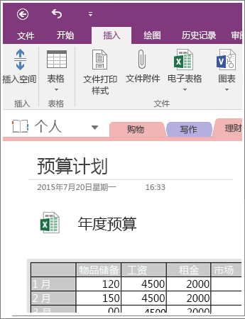 OneNote 2016 中嵌入的电子表格的屏幕截图。