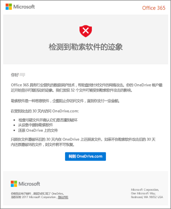 Microsoft 发送的勒索软件检测电子邮件的屏幕截图