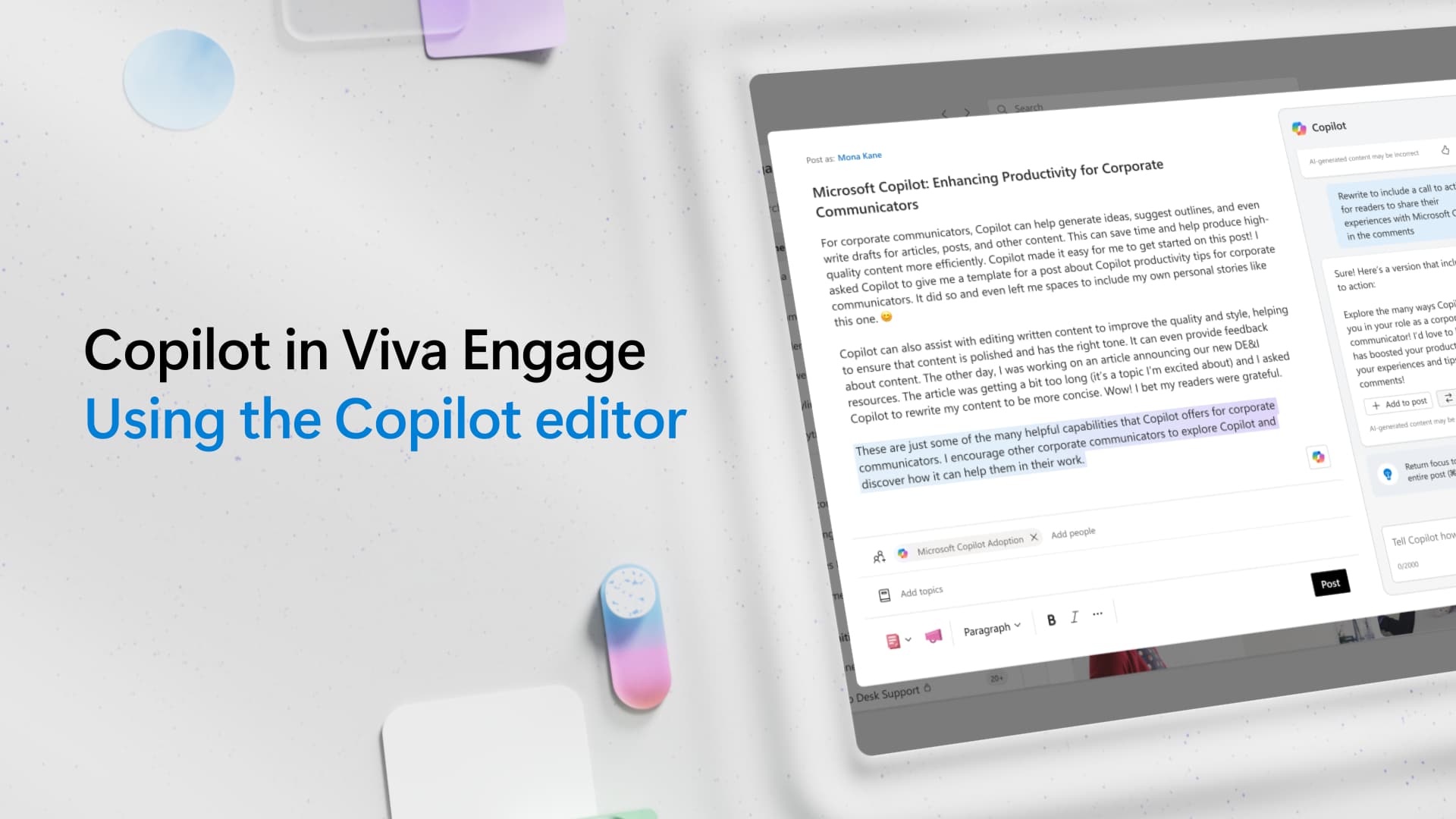 视频：在 Viva Engage 中使用 Copilot 编辑器